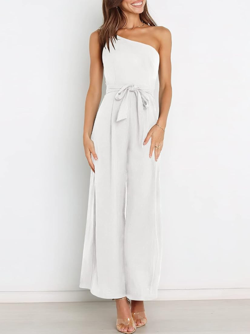 Caracilia Women's Summer Dressy One Shoulder Strap Tie Waist Zipper Back Wide Leg Jumpsuit Rompers w | Amazon (US)