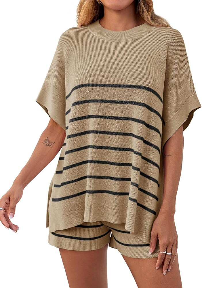 Fisoew Women's Striped 2 Piece Outfits Oversized Batwing Short Sleeve Tops High Waisted Shorts Su... | Amazon (US)