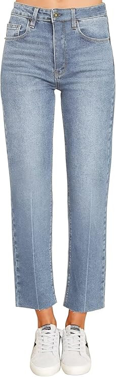 KDF Women's Cropped Straight Leg Jeans - High Waisted Jeans for Women 7/8 Length Denim Pants with... | Amazon (US)