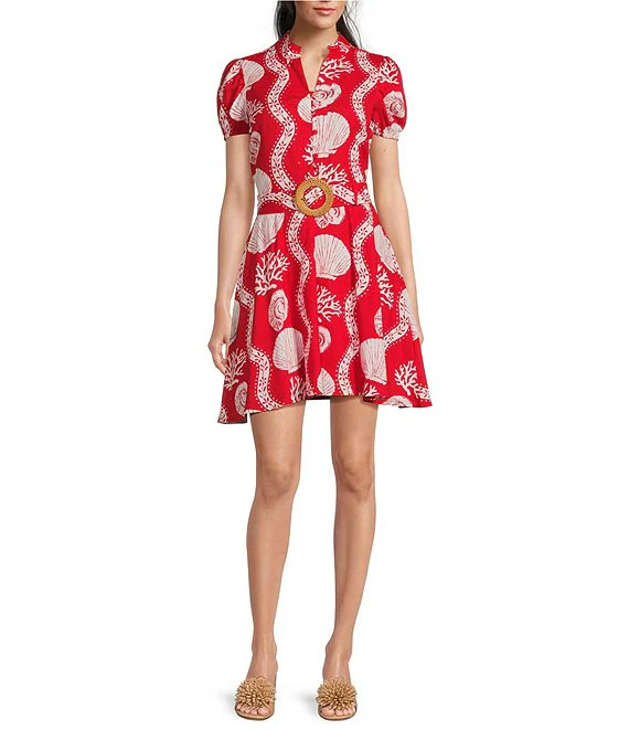 Sea Stripe Print Mandarin Collar Short Puff Sleeve Belted Shirt Dress | Dillard's