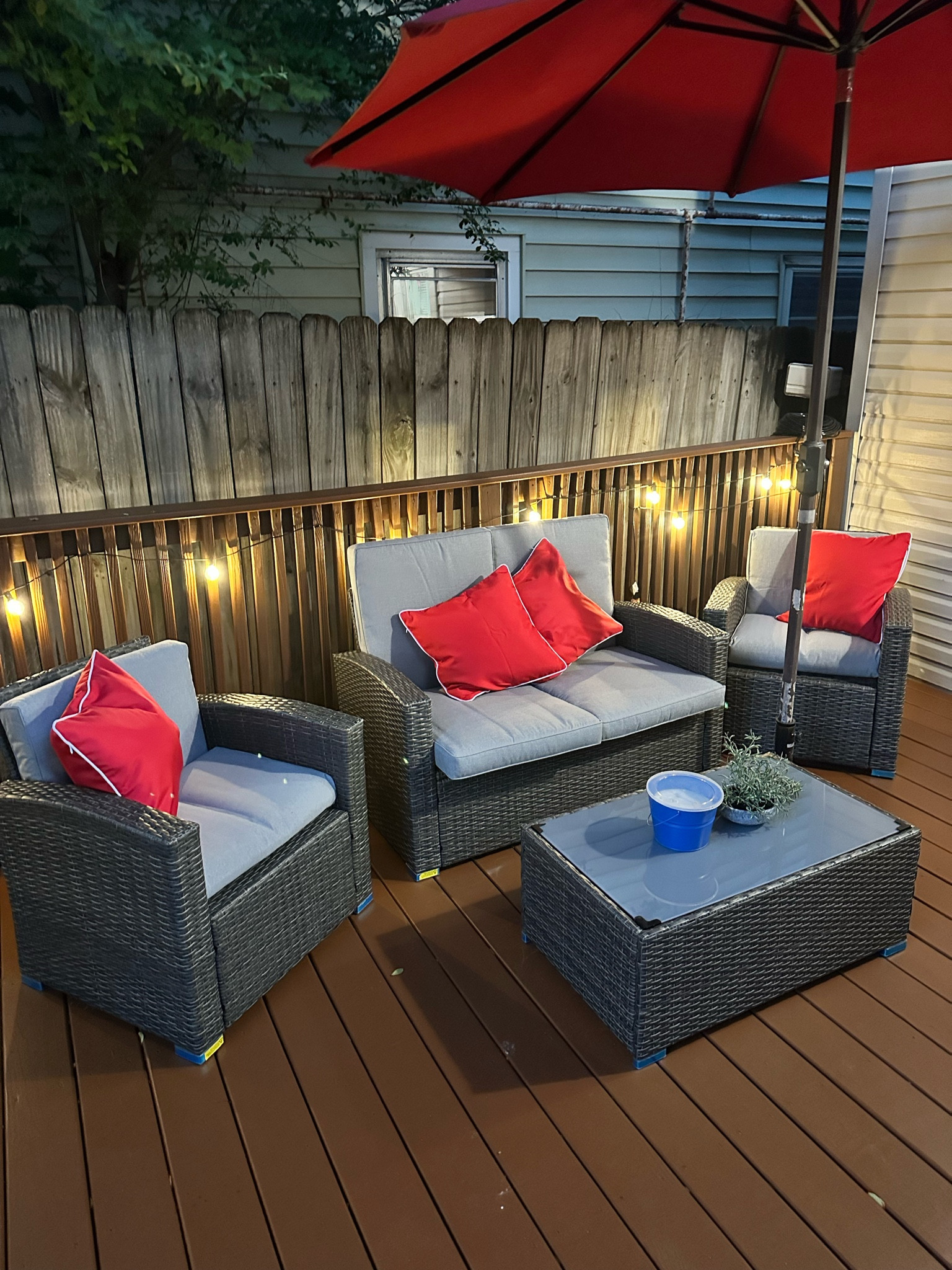 Small patio set! Super cute and relaxing deck. Small deck furniture. Small patio furniture. Patio refresh. Deck refresh. 4 piece patio set. #walmart #amazon 

#LTKSeasonal