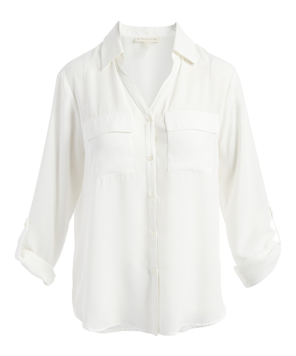 Emaline Women's Button Down Shirts SOFT - Soft White Button-Up - Women | Zulily