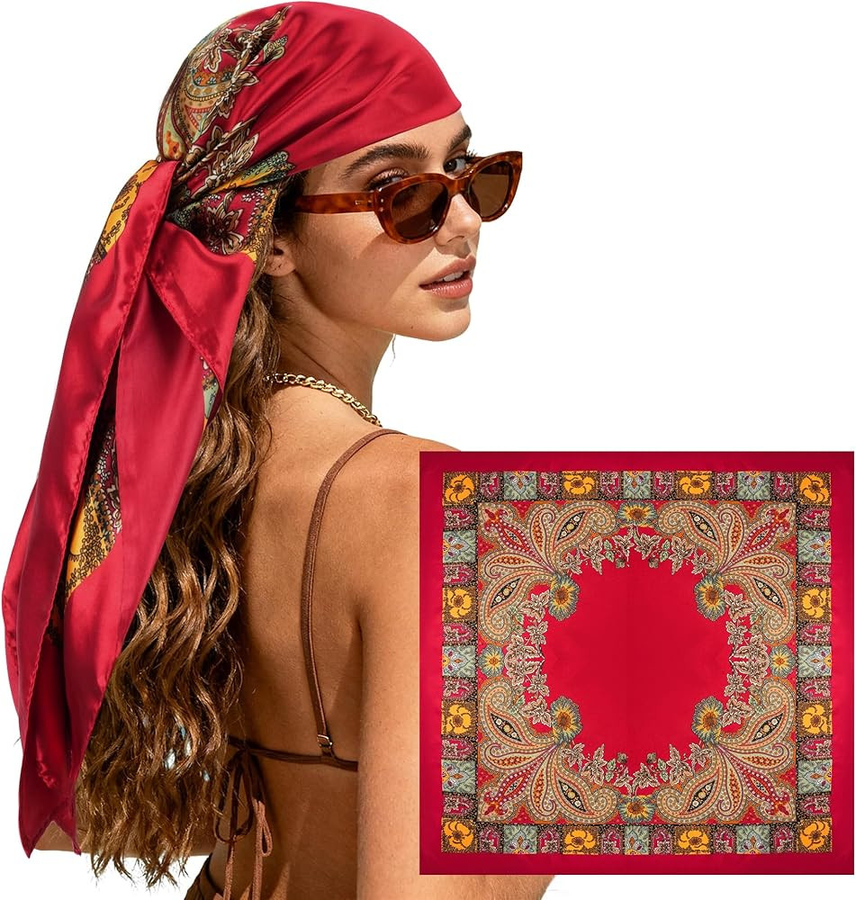 Large Square Head Scarf Bandana - 35" Satin Hair Scarf for Women Like Silk Scarf Fashion Hair Wra... | Amazon (US)
