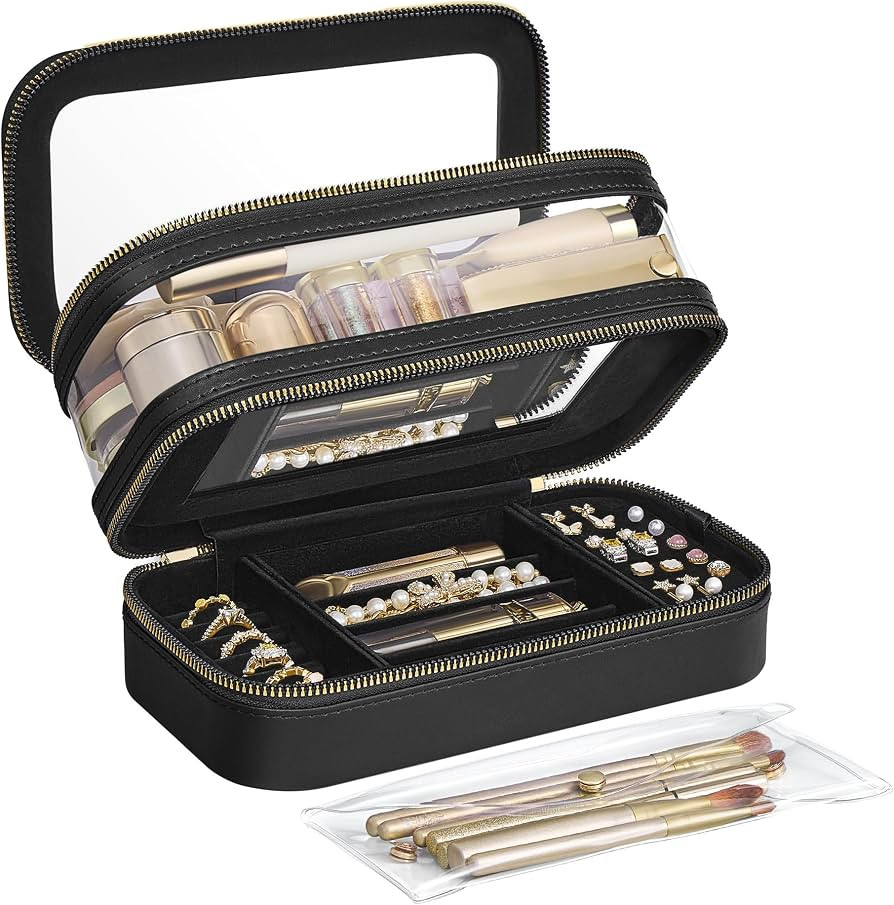 SONGMICS Makeup Bag with Mirror, with Jewelry Storage, Travel Makeup Bag, with Separate Brush Sto... | Amazon (US)