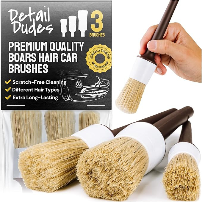 Soft Boars Hair 3-Pack Car Detailing Brush Set for Washing, Cleaning Wheels, Interior, Upholstery... | Amazon (US)