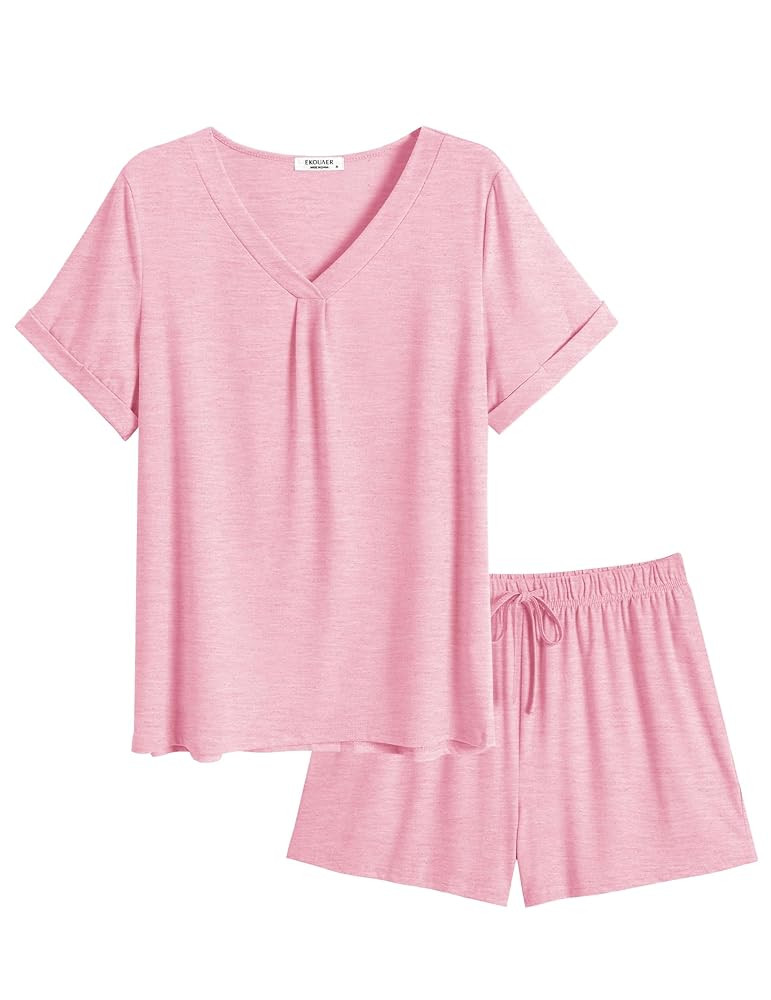 Ekouaer Pajamas Set Women's Short Sleeve 2 Piece PJ Sets V Neck Comfy Sleepwear Loungewear with P... | Amazon (US)