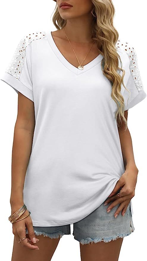 XIEERDUO Womens Summer Tops Loose Fit Short Sleeve V Neck T Shirts Side Split | Amazon (US)