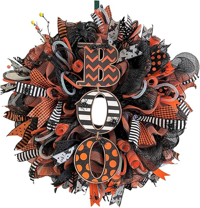 Smasener 14 in Halloween Door Wreaths for Front Door Outside Decorations, 14 in Orange Boo Mesh W... | Amazon (US)