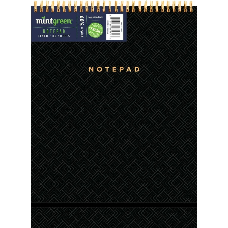 Mintgreen Spiral Top Writing Pad, 8"x 10.75", Professional Series - Black, 80 sheets | Walmart (US)