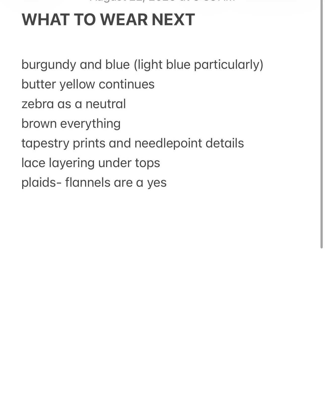 From the notes 📝 these are the colors, styles and updates I’ve been keeping tabs on. What are you excited about this season? #fallstyles #whattowearnext