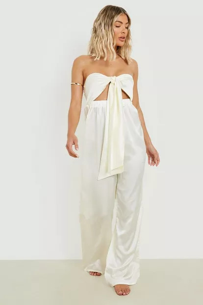 Satin Bandeau Tie Wide Leg Beach Jumpsuit | Boohoo.com (US & CA)