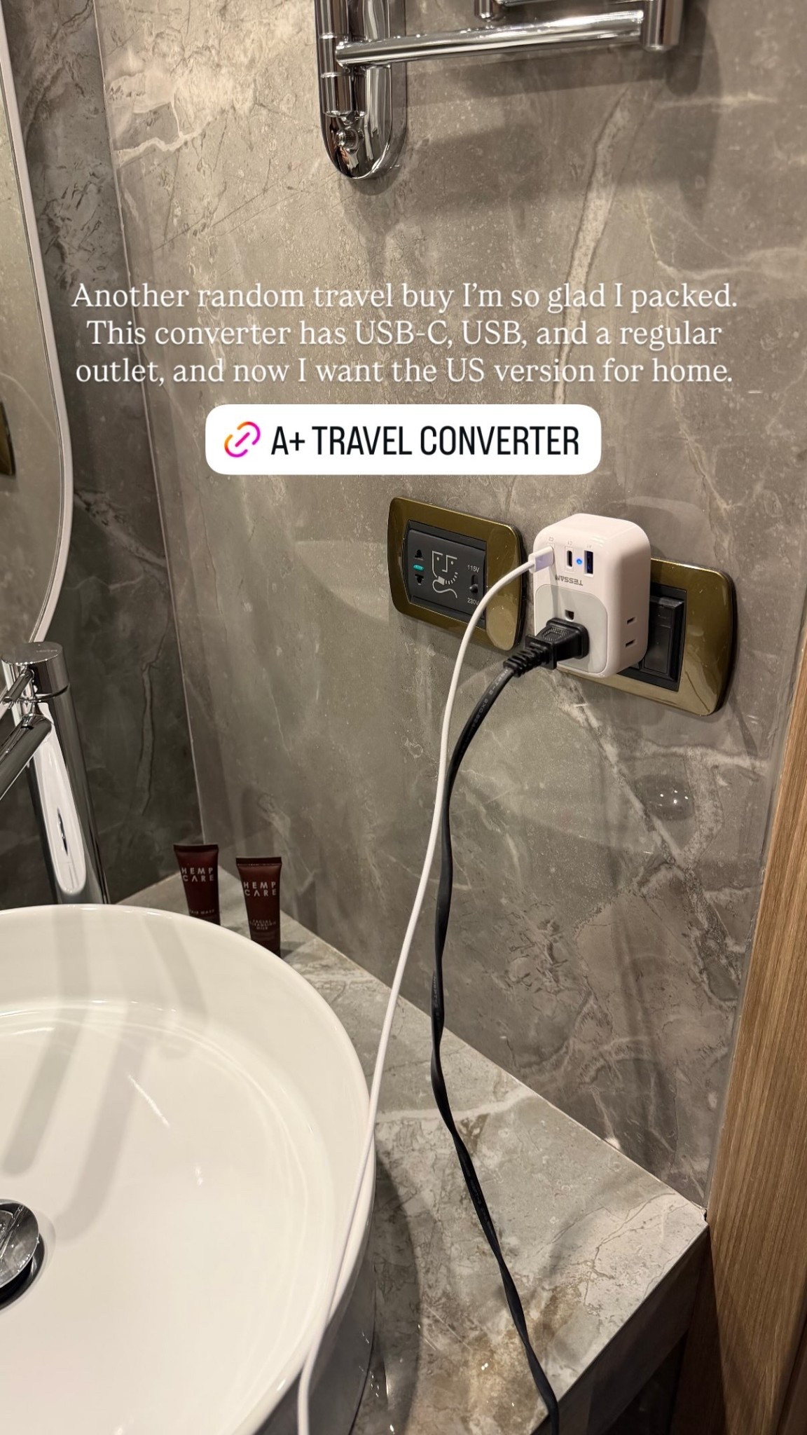 Another random travel buy I’m so glad I packed. This converter has USB-C, USB, and a regular outlet, and now I want the US version for home.