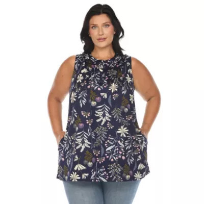 White Mark Women's Plus Size Floral Sleeveless Tunic Top, Navy Blue, 1X | Belk