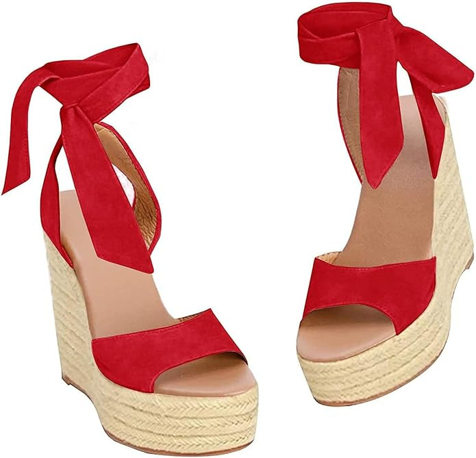 Womens Lace up Espadrilles Platform Wedges Sandals Heels Tie Ankle Strap Summer Dress Shoes | Amazon (US)
