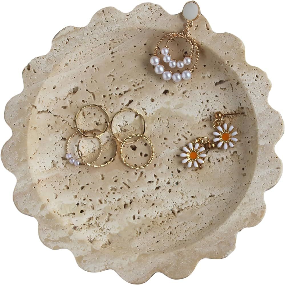Natural Travertine Scalloped Edge Jewelry Dish, Marble Small Round Jewelry Tray, Trinket Dish Rin... | Amazon (US)