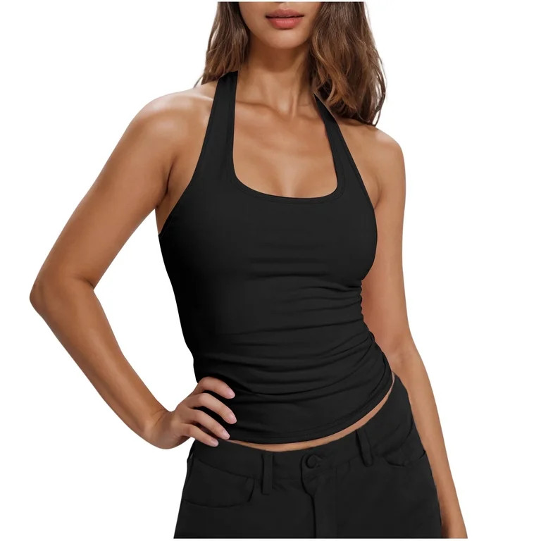 Staron Women's Ruched Halter Sleeveless Crop Tank Top Solid Slim Fit Casual Summer Blouse, Black ... | Walmart (US)