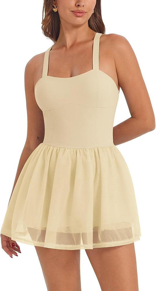 ABOCIW Womns Mesh Hem Tennis Dress Built in Bra and Shorts Cross Back Workout Golf Athletic Dress... | Amazon (US)