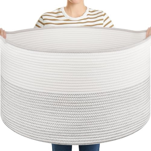 OIASKET Large Blanket Basket with Handles, 22.8" x 22.8" x 13" Woven Storage Basket for Living Room, Cotton Rope Baby Toy Storage for Clothes, Pillows, Towels-Black and White | Amazon (US)