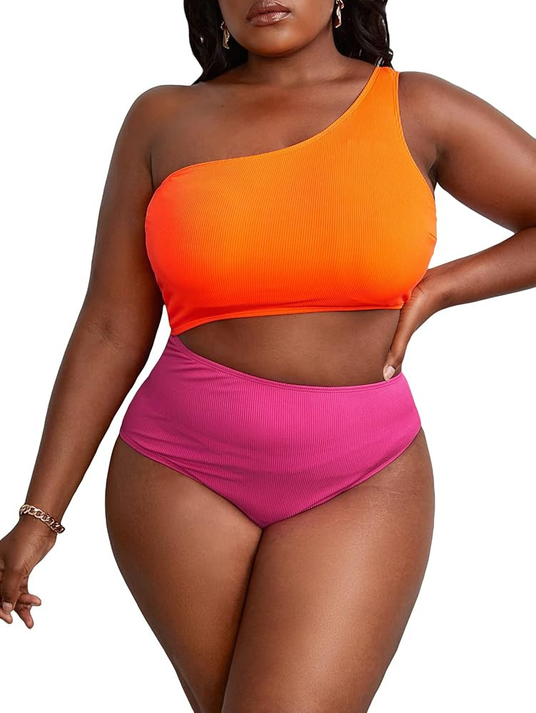 WDIRARA Women's Plus Cut Out One Shoulder Color Block High Waisted One Piece Swimsuit | Amazon (US)