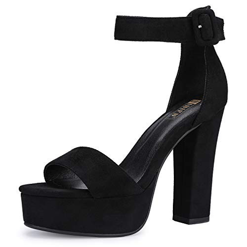 IDIFU IN5 Sabrina Black Heels Platform Block Chunky High Ankle Strap Heeled Sandals Sexy Wedding Party Dress Shoes for Women Open Toe Heels (Black Suede, 6) | Amazon (US)