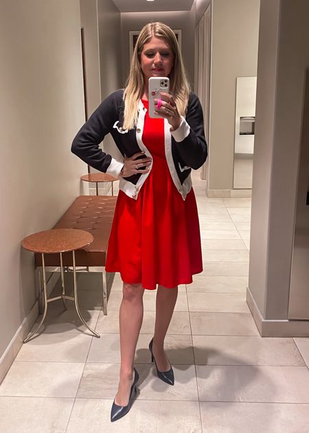 Corporate OOTD. Red dress for a power move. The best and comfiest work pumps are Sam Edelman Hazel - every time! Also this cardigan goes with everything and is half off right now!!!

Businesswear. Girl boss. Corporate. Workwear. Executive presence. Business conference outfit idea. 

#LTKWorkwear #LTKSaleAlert #LTKShoeCrush