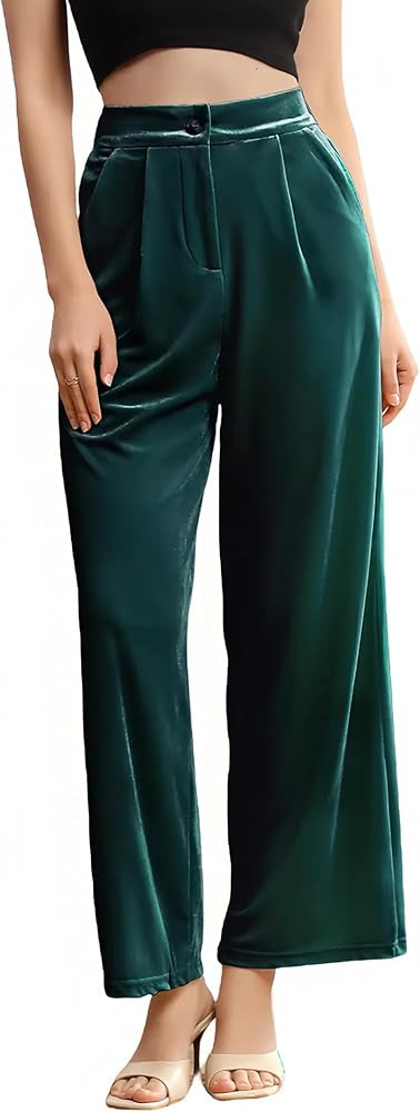 Velius Women's Sexy Velvet Sparkly Wide Leg Pants Trousers Clubwear with Pockets | Amazon (US)