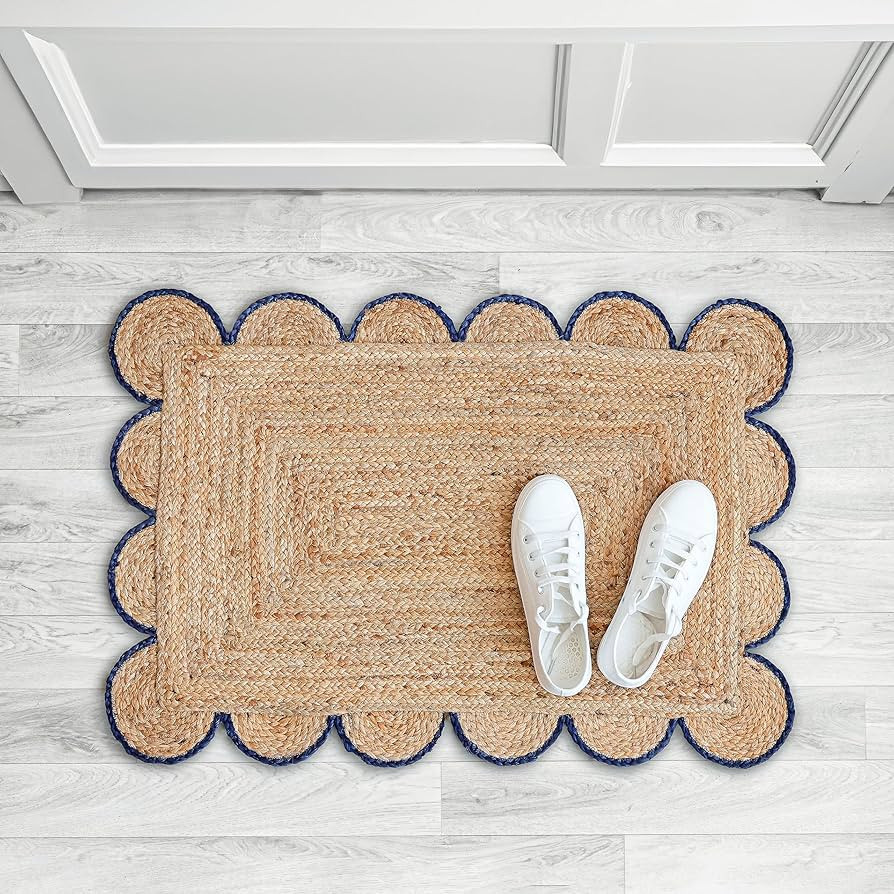 Scalloped Natural Jute Area Rug, Navy Trim, 2x3 | Amazon (US)