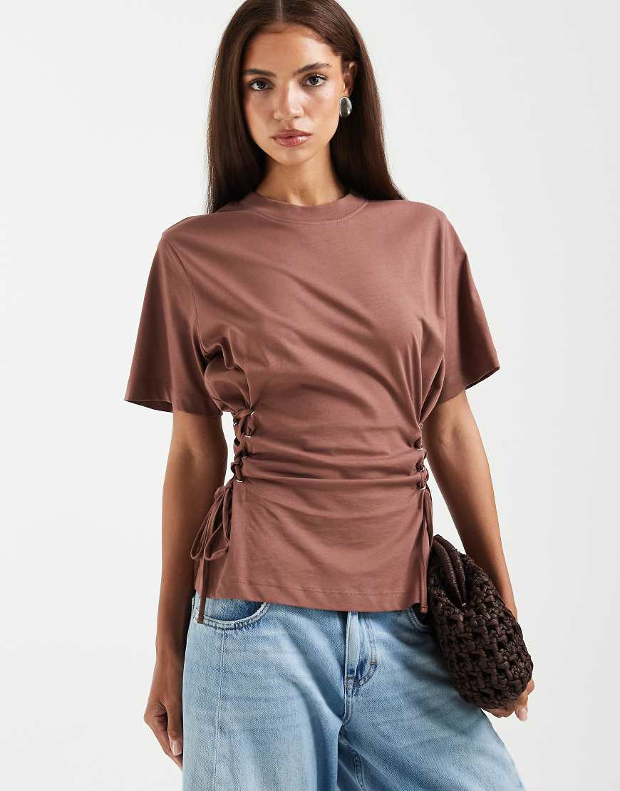 ASOS DESIGN lace up tie side t-shirt in light chocolate-Brown | ASOS (Global)