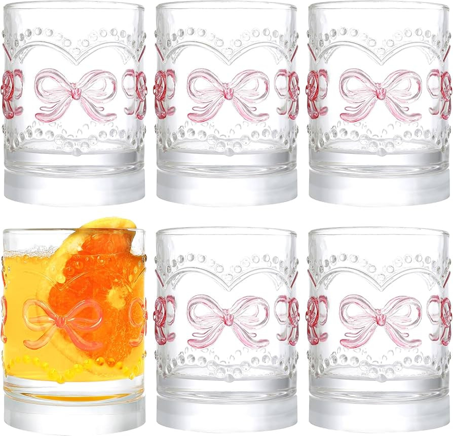 11OZ Ribbed Glass Coffee Cups Set of 6, Vintage French-Style Glasses with Delicate Pink Bow and D... | Amazon (US)