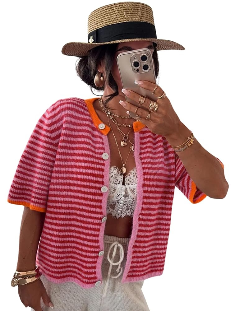 AMEBELLE Short Sleeve Cardigans for Women Lightweight Crewneck Casual Striped Womens Cardigan Swe... | Amazon (US)