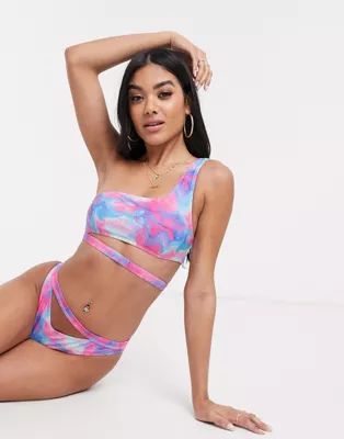 Luxe Palm asymetric bikini top in pastel tie dye | ASOS (Global)