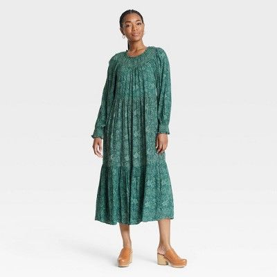 Women&#39;s Balloon Long Sleeve Tiered Dress - Universal Thread&#8482; Green Floral XS | Target