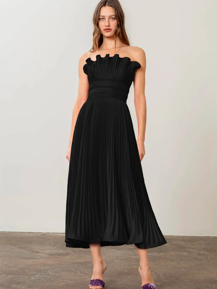 Black Tiered Pleated Midi Dress | Confête