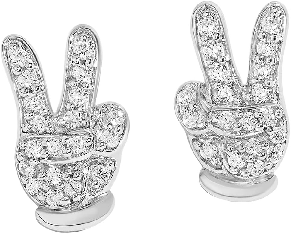 Jewelili Disney Jewels Mickey Mouse 1/6 CTTW Diamond "Peace Sign" Mickey Hands Stud Earrings Ster... | Amazon (US)