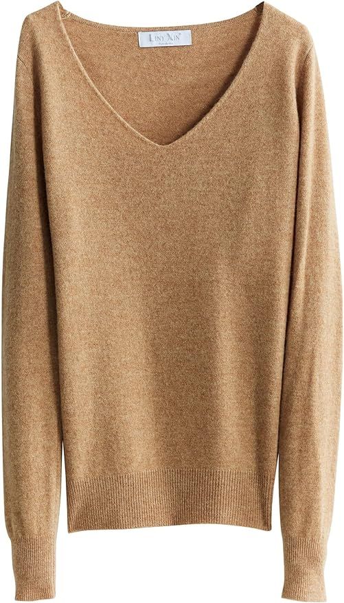 LINY XIN Women's V-Neck 100% Merino Wool Fall Winter Warm Soft Knitted Pullover Sexy Loose Long S... | Amazon (US)