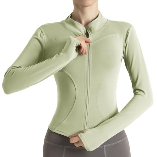 Ncvtang Women's Cropped Lightweight Stretchy Running Track Jackets Full Zip Slim Fit Athletic Tops with Thumb Holes(Matcha,S) | Amazon (US)