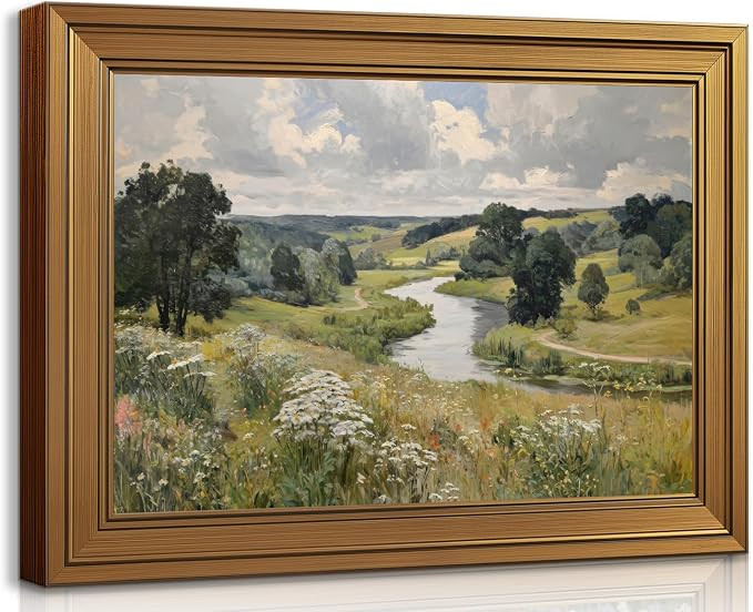 Vintage Gold Frame Wall Art Green Nature River Painting Picture Wall Decor Rustic Rural Wildflowe... | Amazon (US)