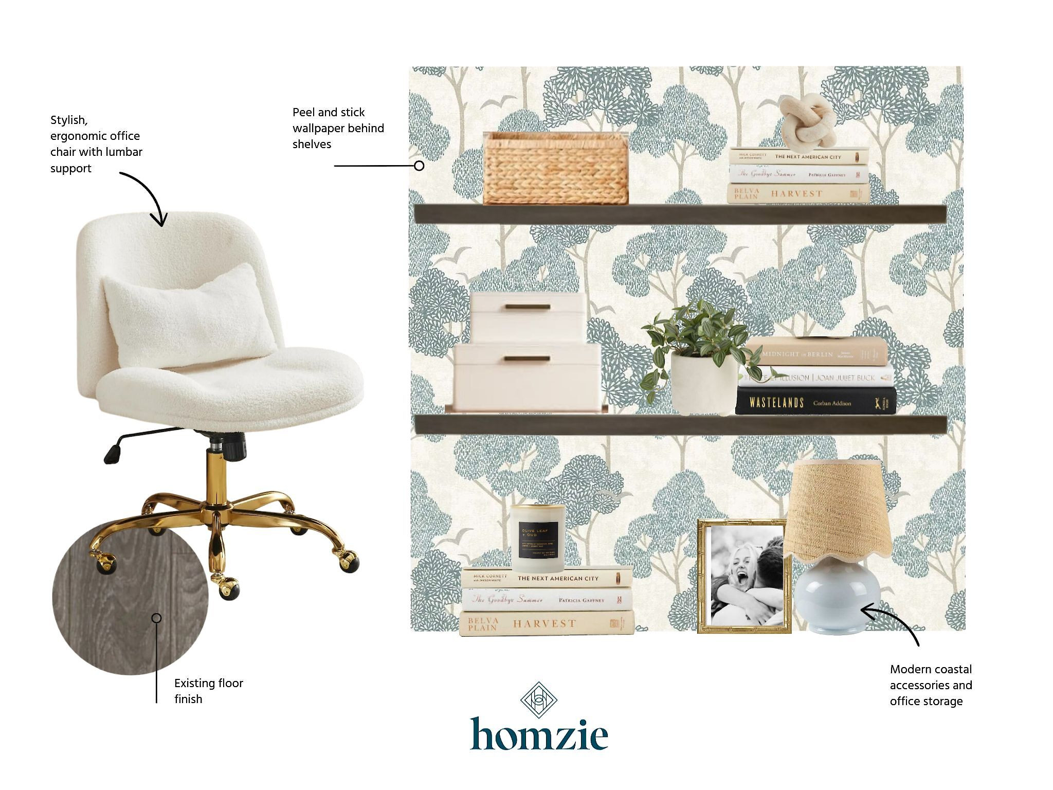This is a cozy home office with a coastal touch and organized styling. It features:Ergonomic Office Chair, Peel & Stick Wallpaper, Floating Shelves, Woven Lamp, Gold Frame Photo, Desktop Organizer. 

 #LTKHome #LTKSaleAlert #LTKStyleTip