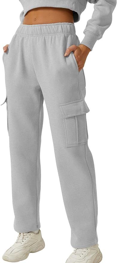 QINSEN Womens Medium Waist Baggy Elastic Waist Sweatpants Casual Fleece Long Pants with Pockets | Amazon (US)