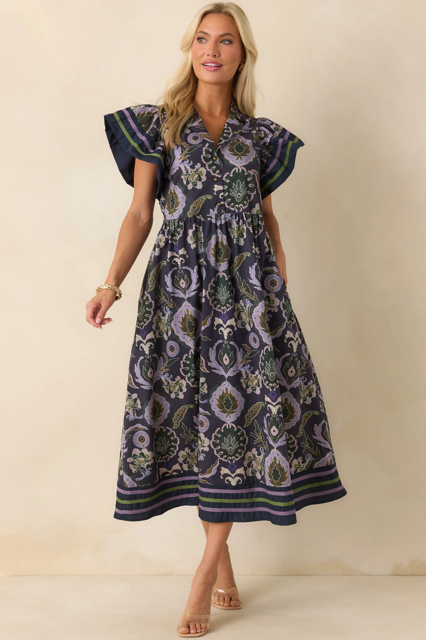 Still Thinking About Her Navy Multi Print Cotton Midi Dress | Red Dress
