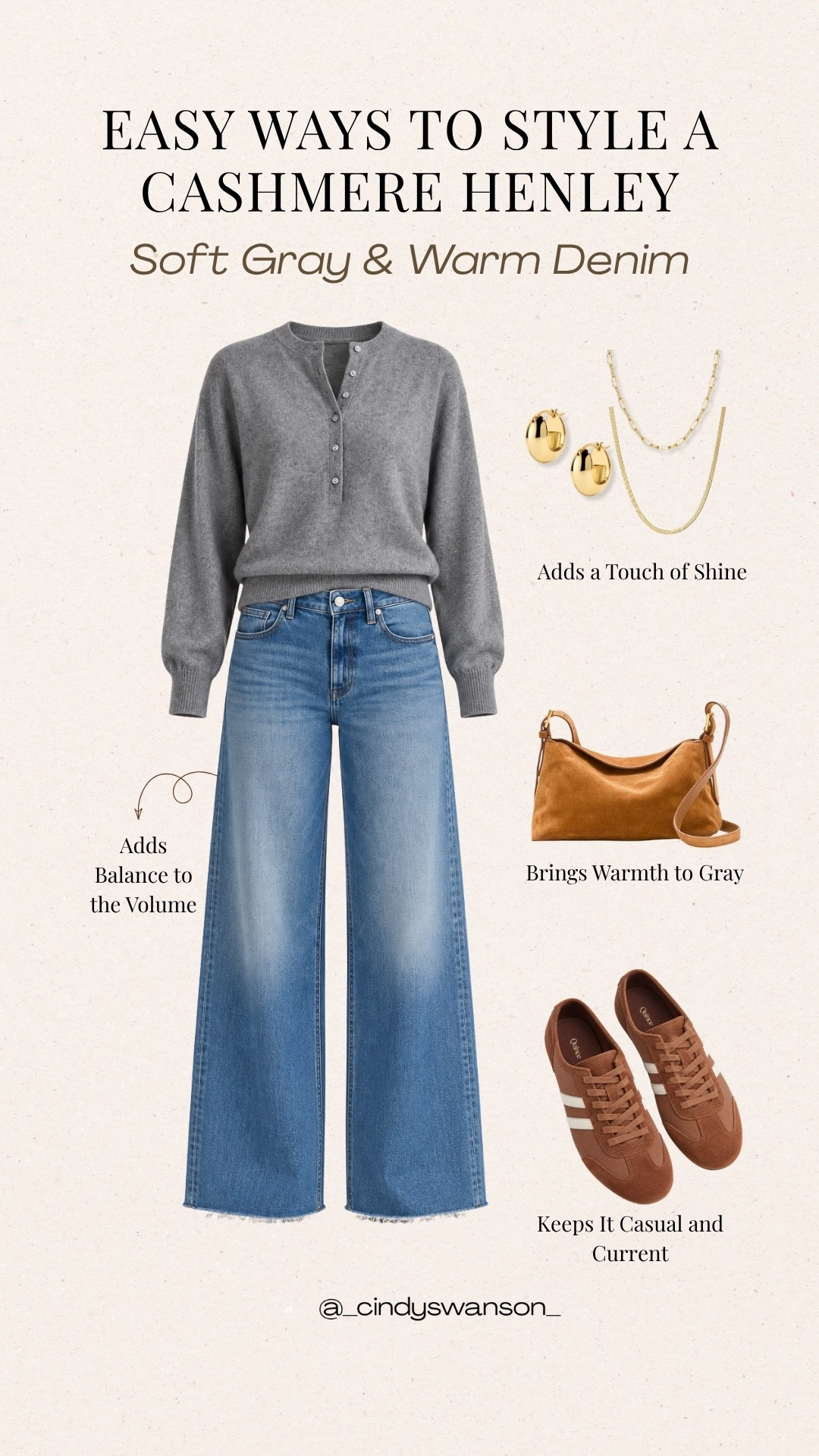 A soft gray cashmere henley and classic blue jeans make such an effortless everyday combination. I love how the warm cognac bag and sneakers add a little contrast while keeping the look relaxed, polished, and easy to wear.

#LTKootd #LTKOver40
