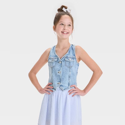 Girls' Denim Vest - art class™ Light Wash XXL: Cotton Blend, Recycled Material, Spandex, Lightweight, | Target