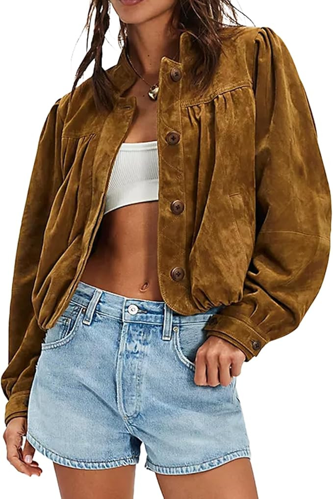 Women's Suede Cropped Pilot Jacket Puffed Sleeve Stand Up Collar Spring Autumn Button Coat Retro ... | Amazon (US)