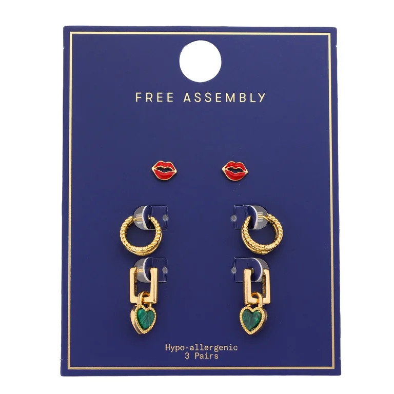 Free Assembly Women's Goldtone Lips, Hearts and Hoops Earring Set, 3-Pair | Walmart (US)