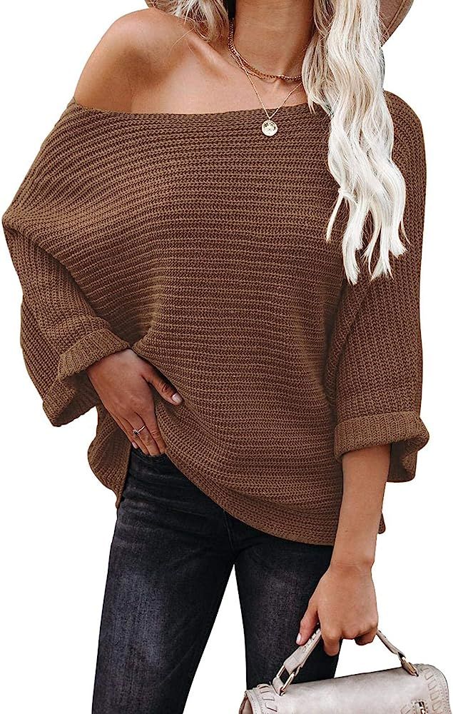 KIRUNDO Women's Off Shoulder Sweaters Batwing 3/4 Sleeves Casual Loose Fit Solid Pullovers Knit Jump | Amazon (US)