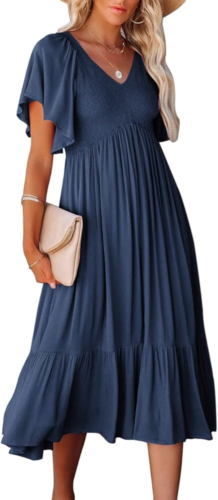 Zwurew Womens V Neck Short Flutter Sleeve Solid Smocked Ruffle Midi Tiered Dress | Amazon (US)