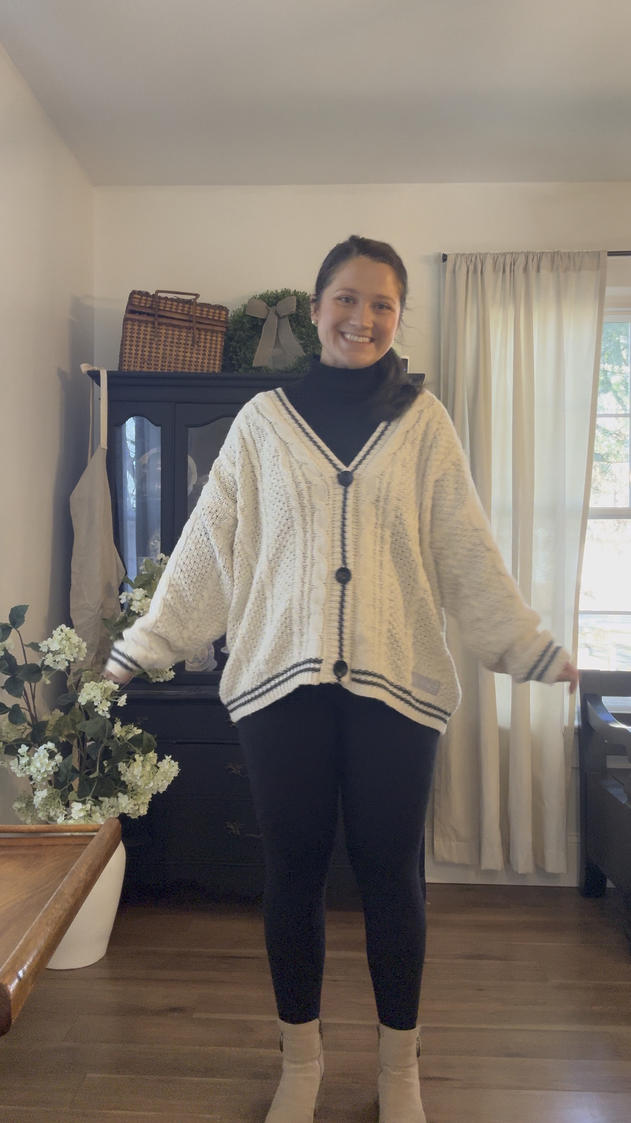 Church ootd. Cozy cardigan pregnancy outfit 