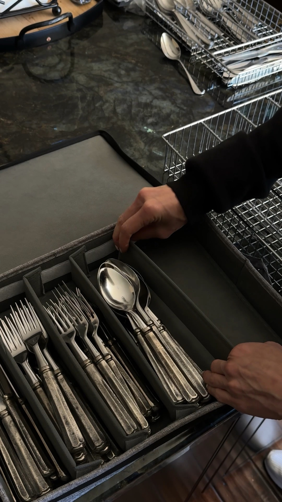 These secure and simple silverware organizers help to neatly store away overflow flatware that you may have for the holidays or when you have a large group to entertain.

My new assistant was with me today – this was her second day on the job so enjoy the chitchat between us about how I am not a huge fan of being on camera – lol!  🫣🫣