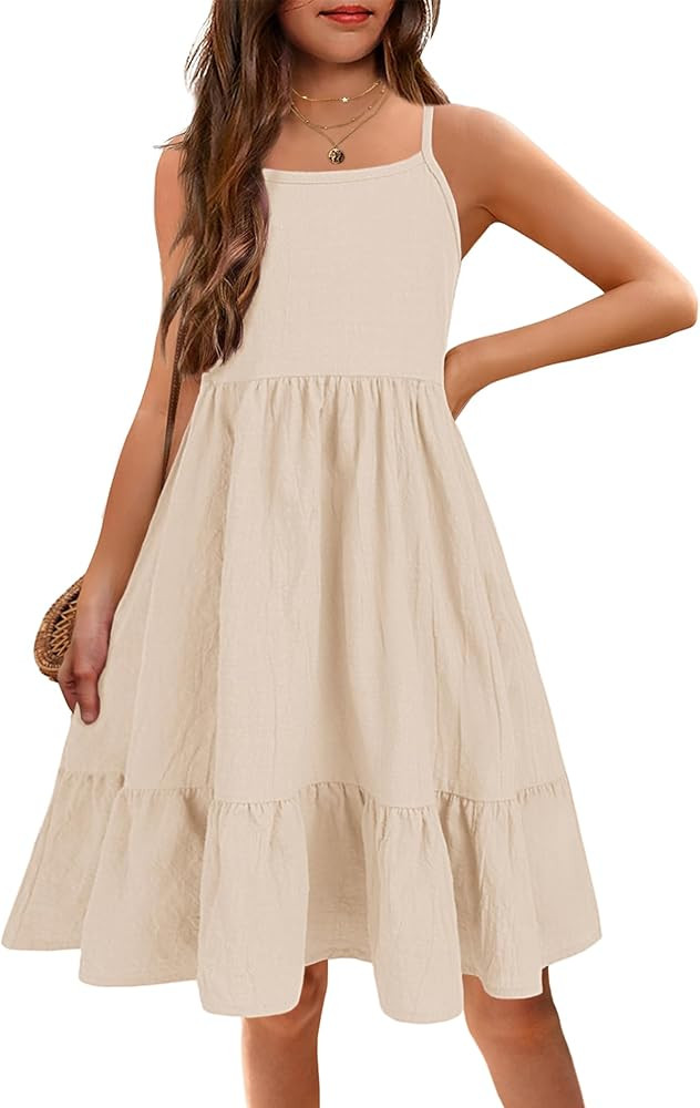 Arshiner Girl's Summer Sundress Spaghetti Strap Solid Linen Midi Dress Casual Cami Dresses | Amazon (US)