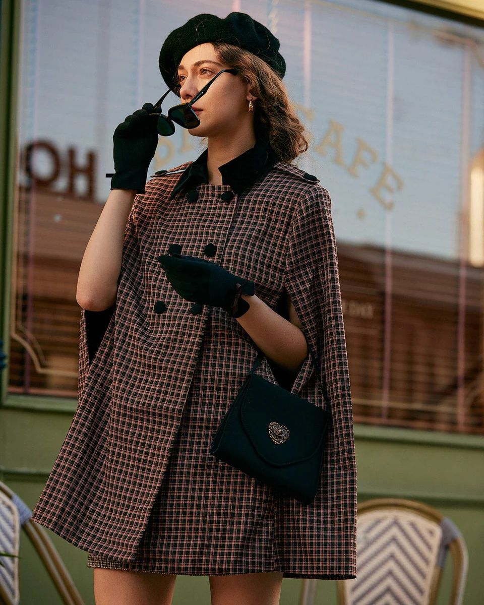 The Double-breasted Plaid Cape Coat & Reviews - Brown - Outerwear | RIHOAS | rihoas.com